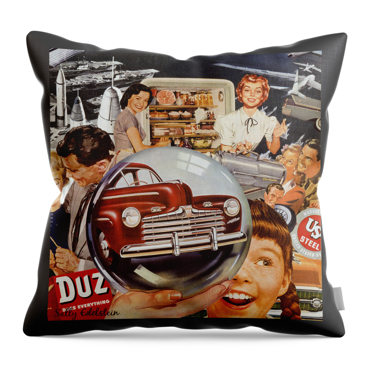 Collage Throw Pillow featuring the mixed media Mutually Assured Consumption And Destruction by Sally Edelstein