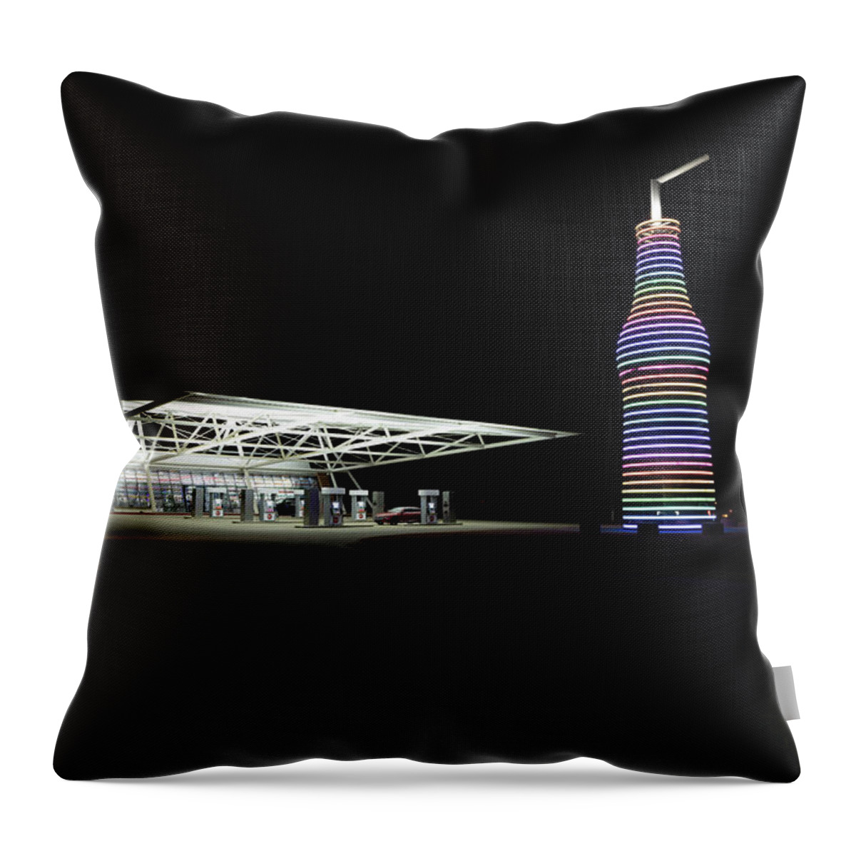  Throw Pillow featuring the photograph Pops 66 Soda Ranch in Arcadia Oklahoma at night by Eldon McGraw
