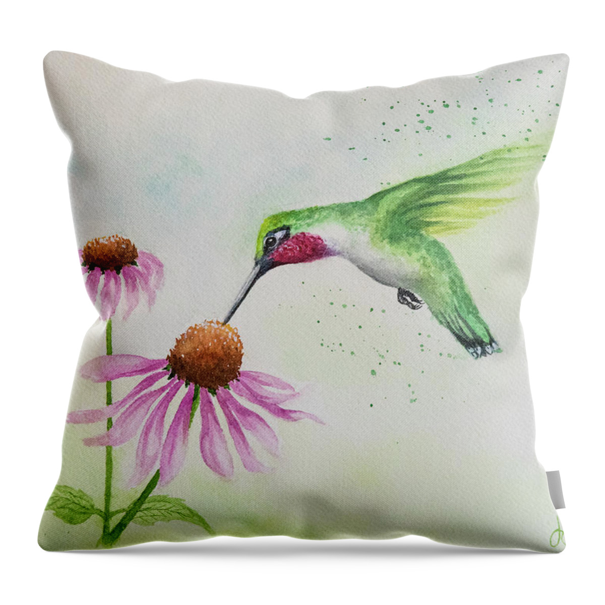 Nature Throw Pillow featuring the painting Ruby throated Hummingbird #2 by Linda Shannon Morgan