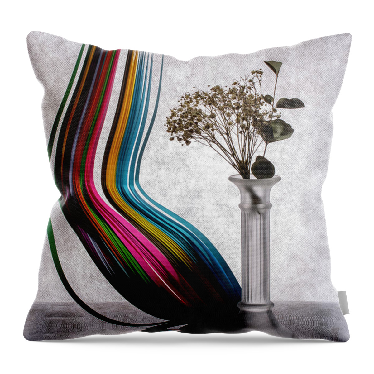 Still Life Throw Pillow featuring the photograph Still life with a bouquet and a colored figure in a glass vase #2 by Valentin Ivantsov