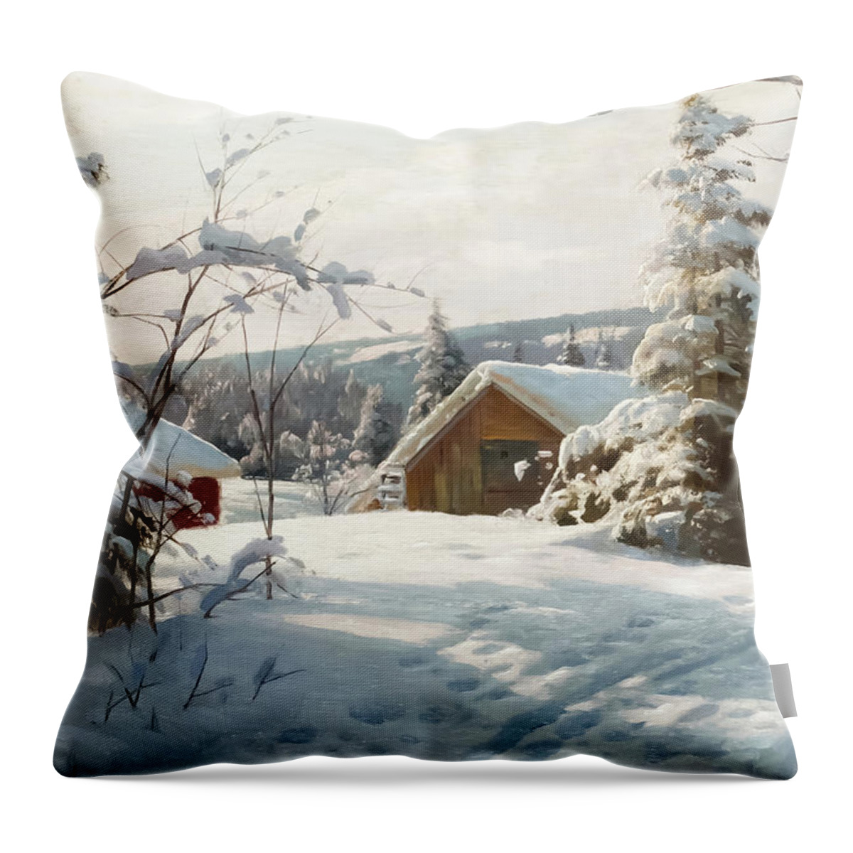 Sunlit Throw Pillow featuring the painting Sunlit Winter Landscape #2 by Peder Monsted