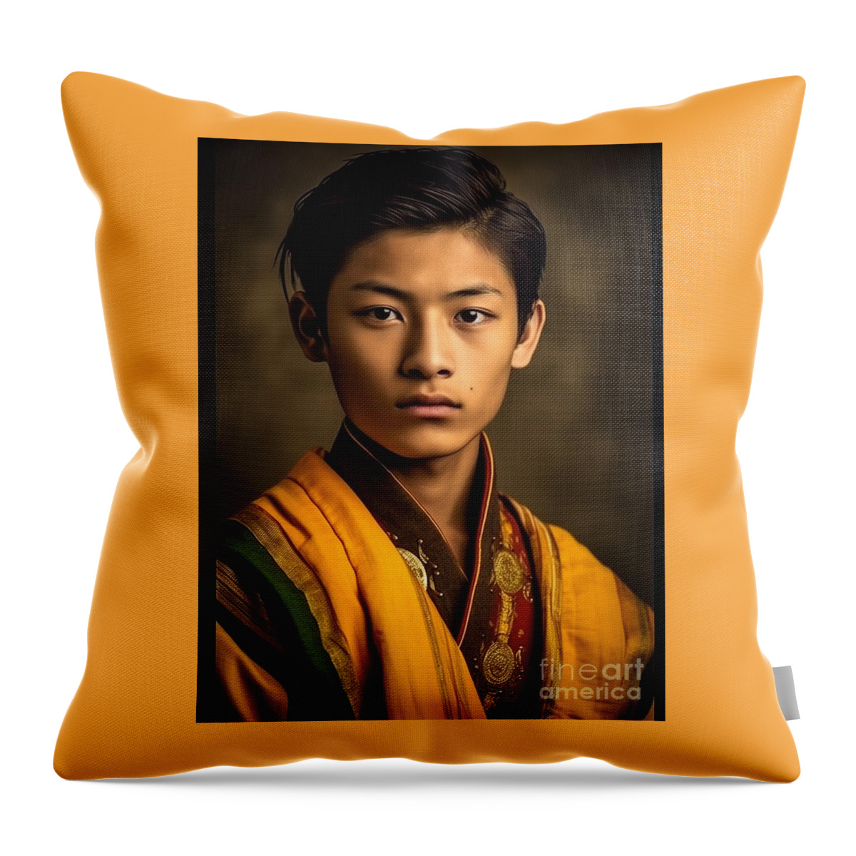 Youth From Bhutan Exremely Handsome Gorgeous Art Throw Pillow featuring the painting Youth from Bhutan exremely handsome gorgeous  by Asar Studios #2 by Celestial Images
