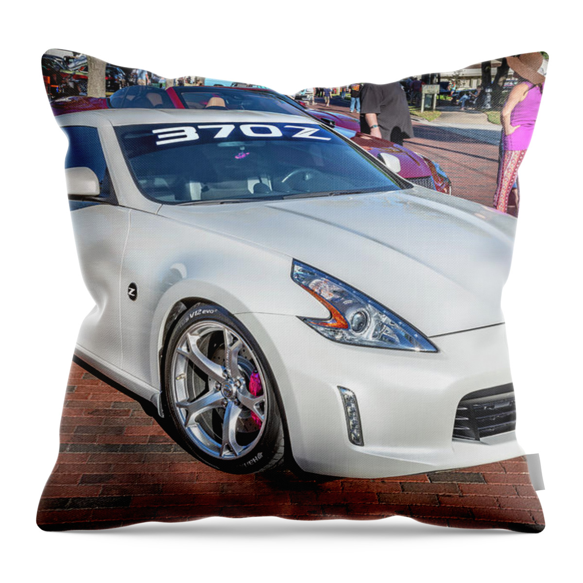 2017 White Nissan Coupe 370z Throw Pillow featuring the photograph 2017 White Nissan 370Z Coupe X114 by Rich Franco