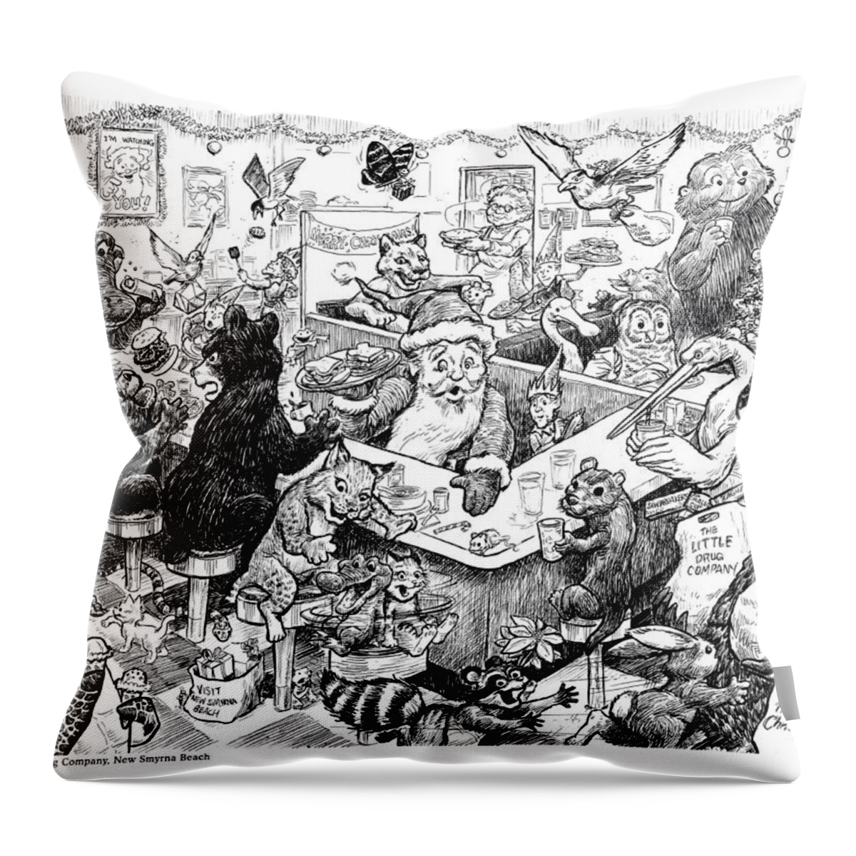 Christmas Throw Pillow featuring the drawing 2018 Christmas Print The Little Drug Company by Rob Smith