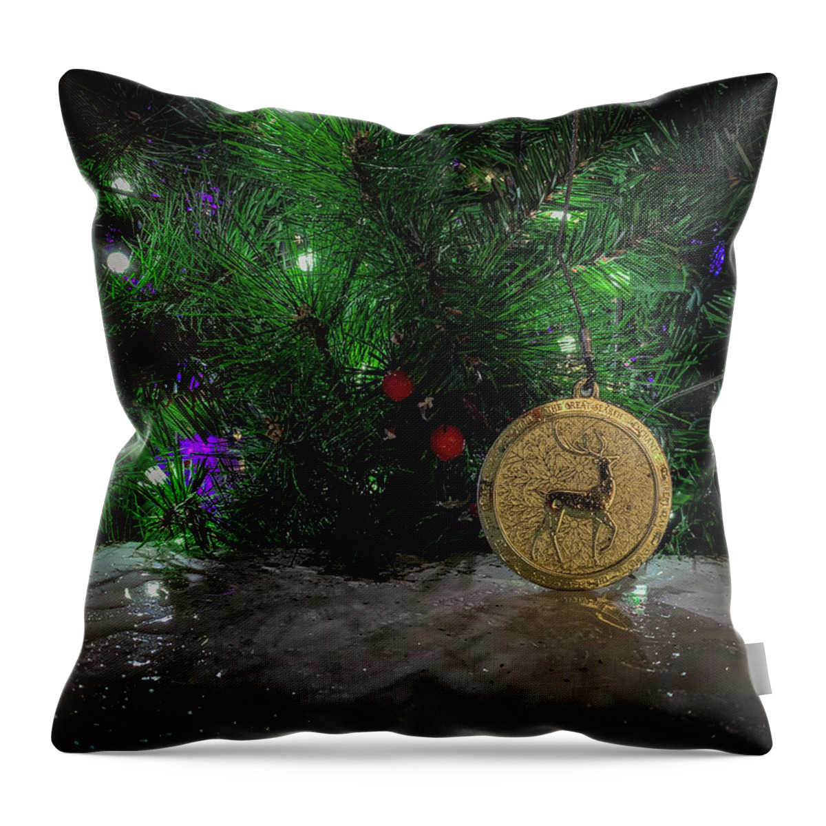 Holiday Lights Throw Pillow featuring the photograph 2019 Enchant - Gold Deer Medallion by Lora J Wilson