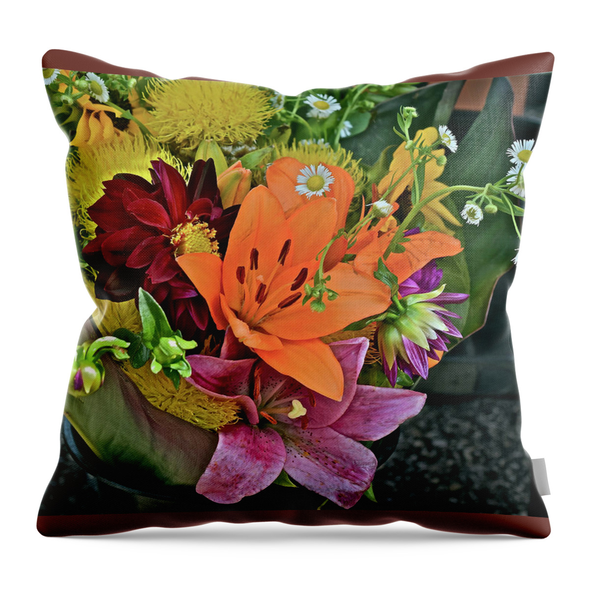 Lilies:flowers;farmers' Market: Throw Pillow featuring the photograph 2019 Monona Farmers' Market July Bouquet 2 by Janis Senungetuk