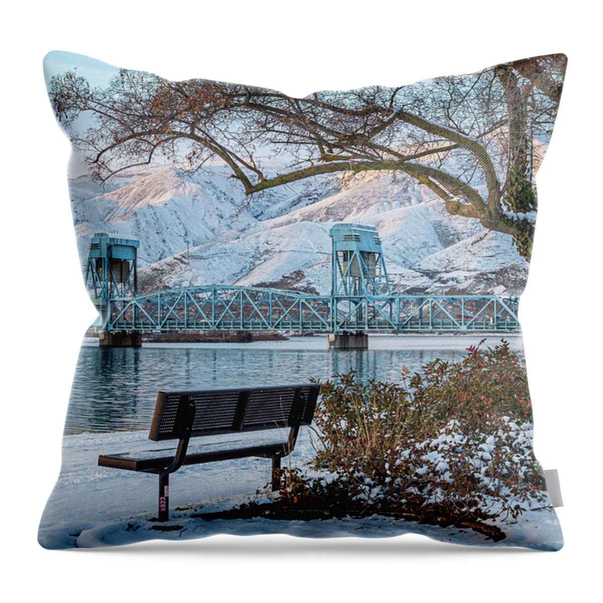 Brad Stinson Throw Pillow featuring the photograph 2022 Winter Blue Bridge by Brad Stinson