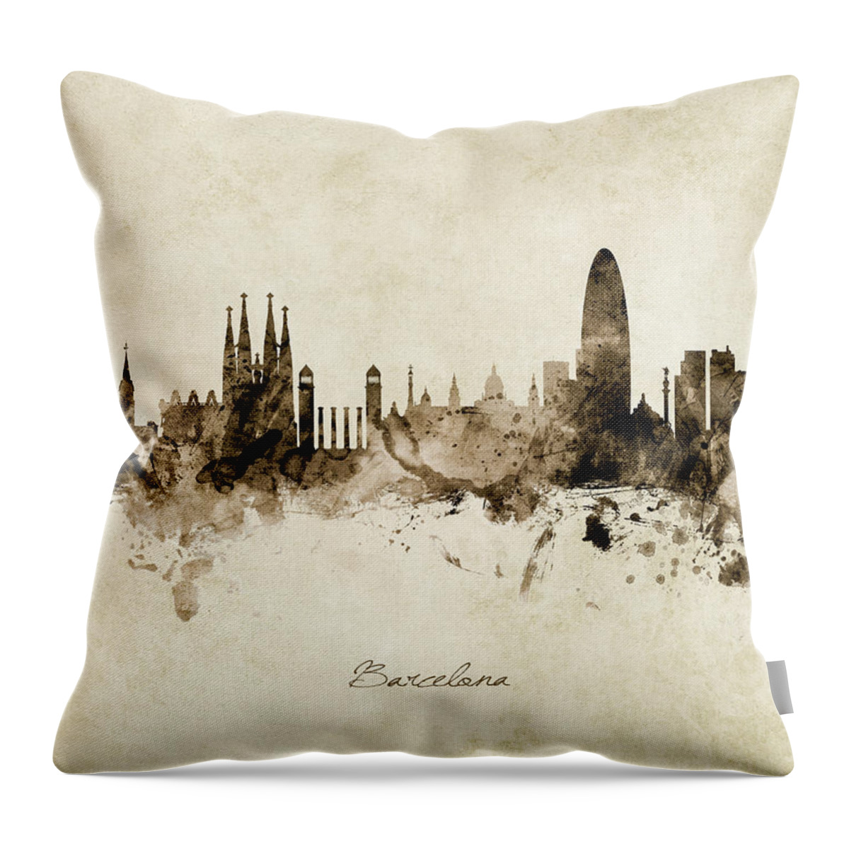 Barcelona Throw Pillow featuring the digital art Barcelona Spain Skyline #24 by Michael Tompsett