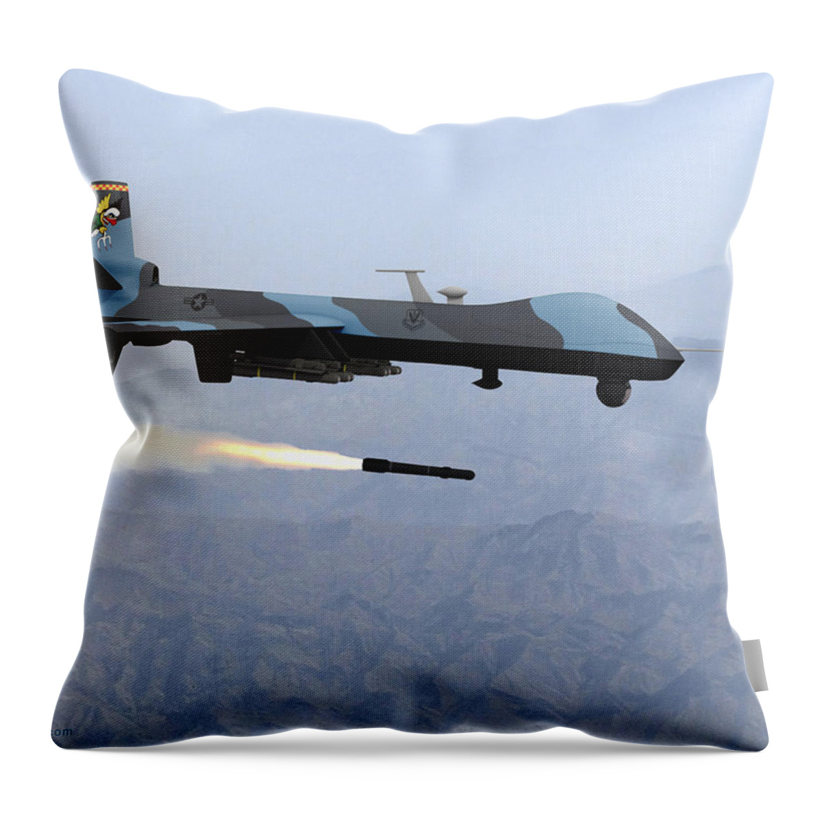 Reaper Throw Pillow featuring the digital art MQ-9 Reaper Firing Hellfire Missile by Custom Aviation Art