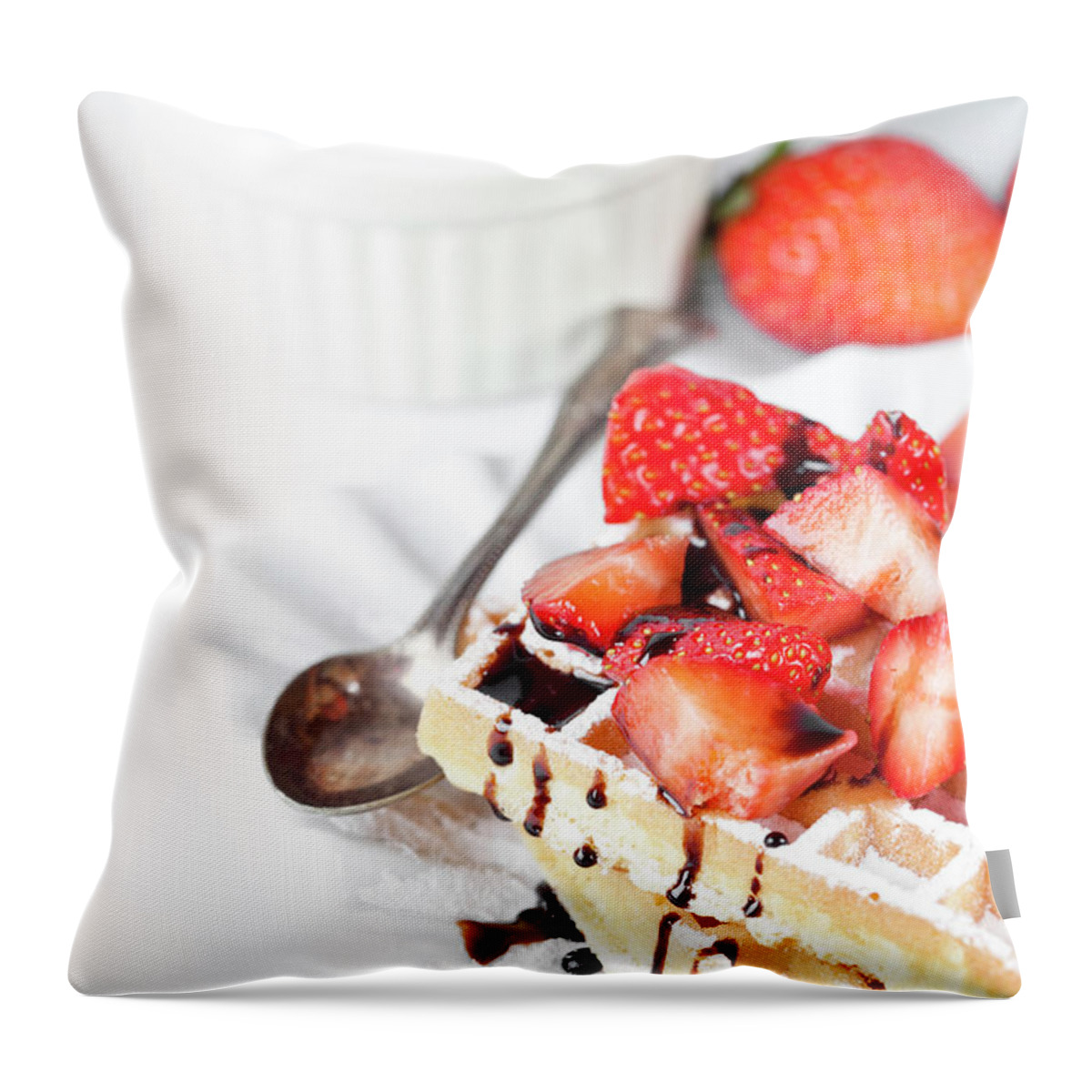 Waffles Throw Pillow featuring the photograph Belgium waffers with sugar powder, strawberries and chocolate on #3 by Liss Art Studio