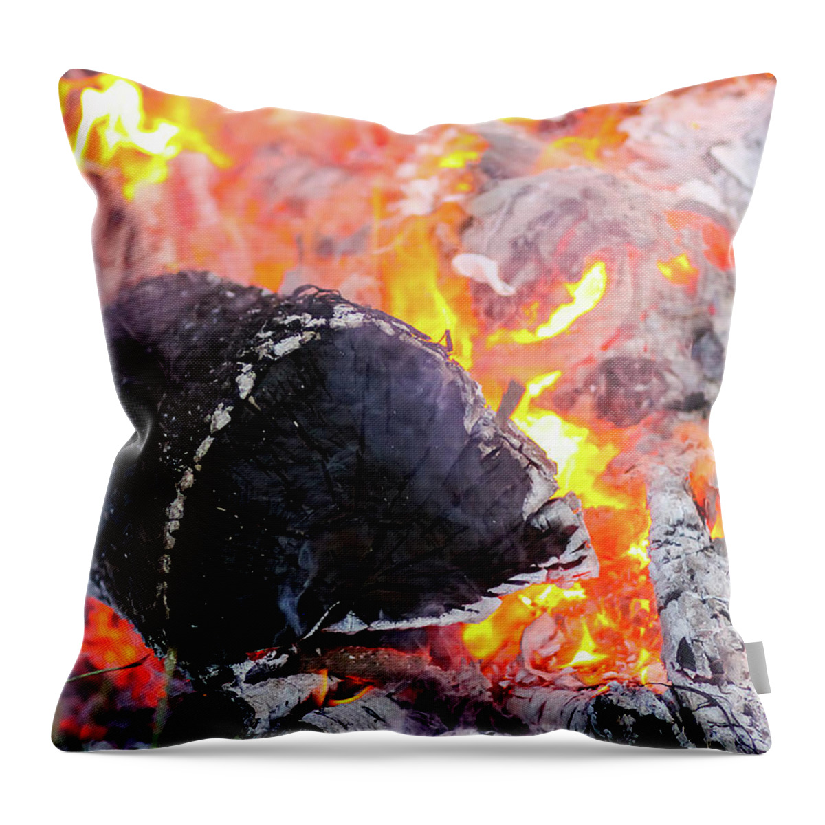 Bonfire Throw Pillow featuring the photograph Bonfire at a camp in summer evening outdoors #3 by Olga Strogonova