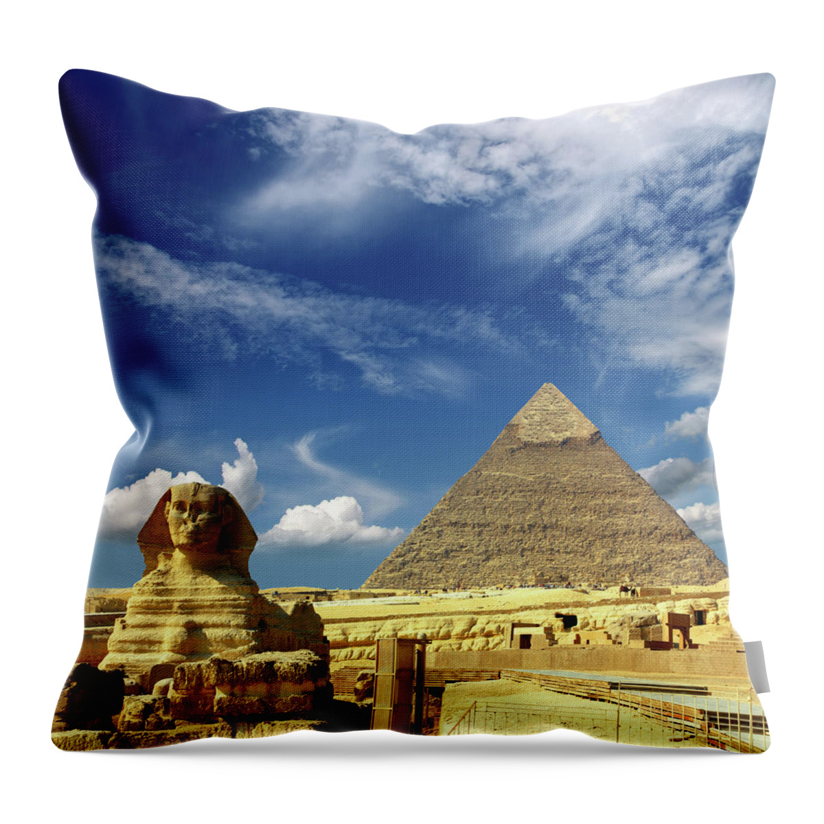 Sphinx Throw Pillow featuring the photograph egypt Cheops pyramid and sphinx #3 by Mikhail Kokhanchikov