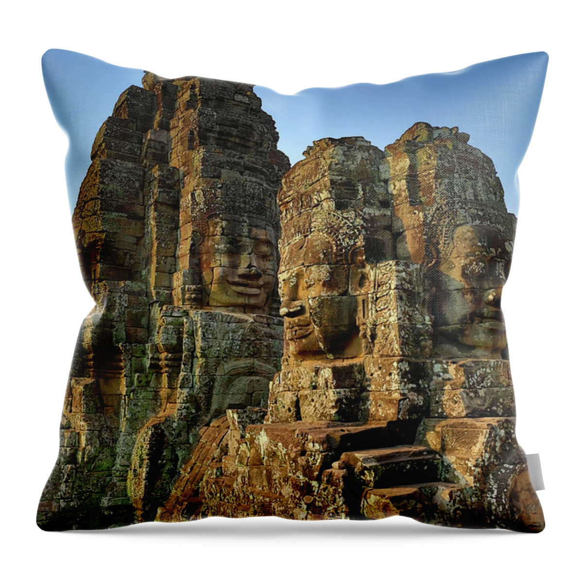 Temple Throw Pillow featuring the photograph Giant stone faces at Bayon Temple in Cambodia #3 by Mikhail Kokhanchikov