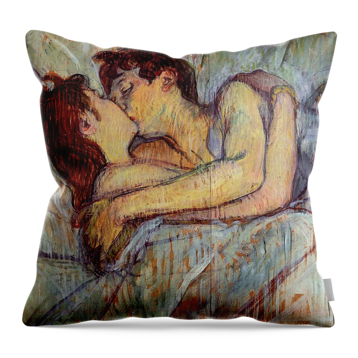 Figurative Throw Pillow featuring the painting In Bed, The Kiss #3 by Henri de Toulouse Lautrec