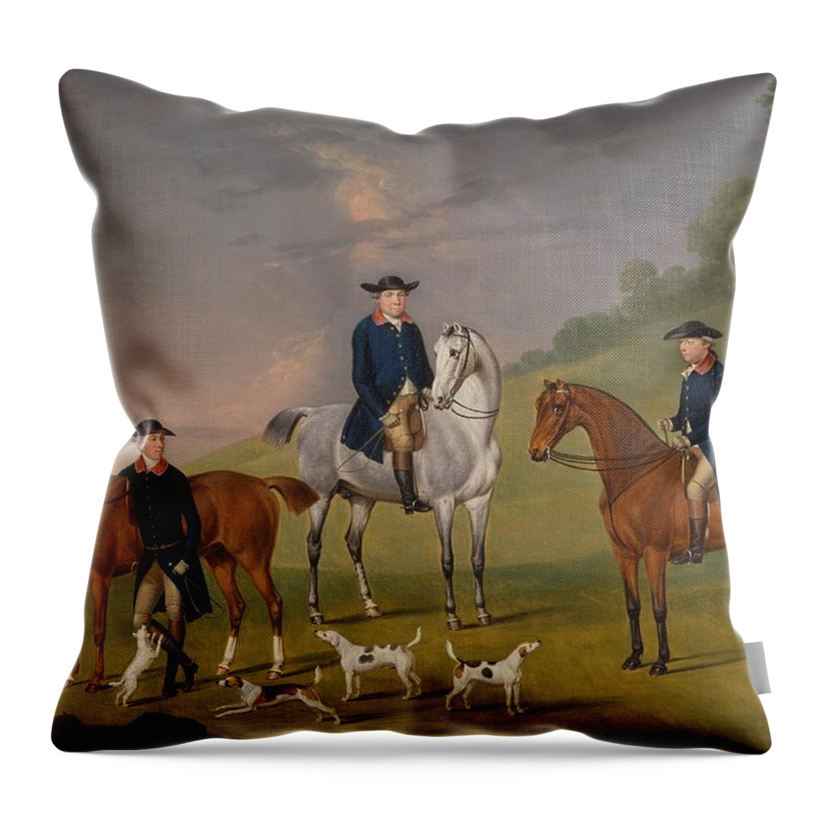 Francis Sartorius Throw Pillow featuring the painting John Corbet, Sir Robert Leighton and John Kynaston with their Horses and Hounds #4 by Francis Sartorius