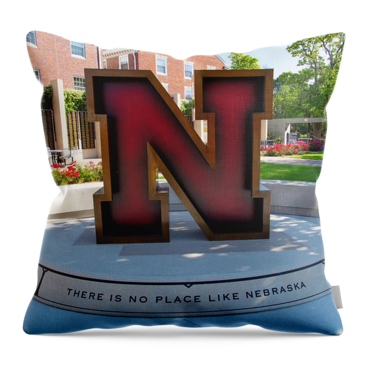 College Campus Tour Throw Pillow featuring the photograph Large Red N statue at the University of Nebraska #3 by Eldon McGraw