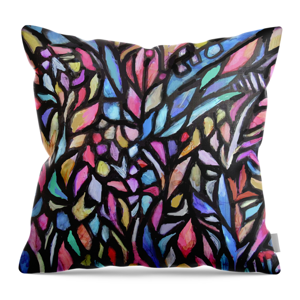 Stained Glass Effect Throw Pillow featuring the mixed media Stained Glass Flowers #3 by Jean Batzell Fitzgerald
