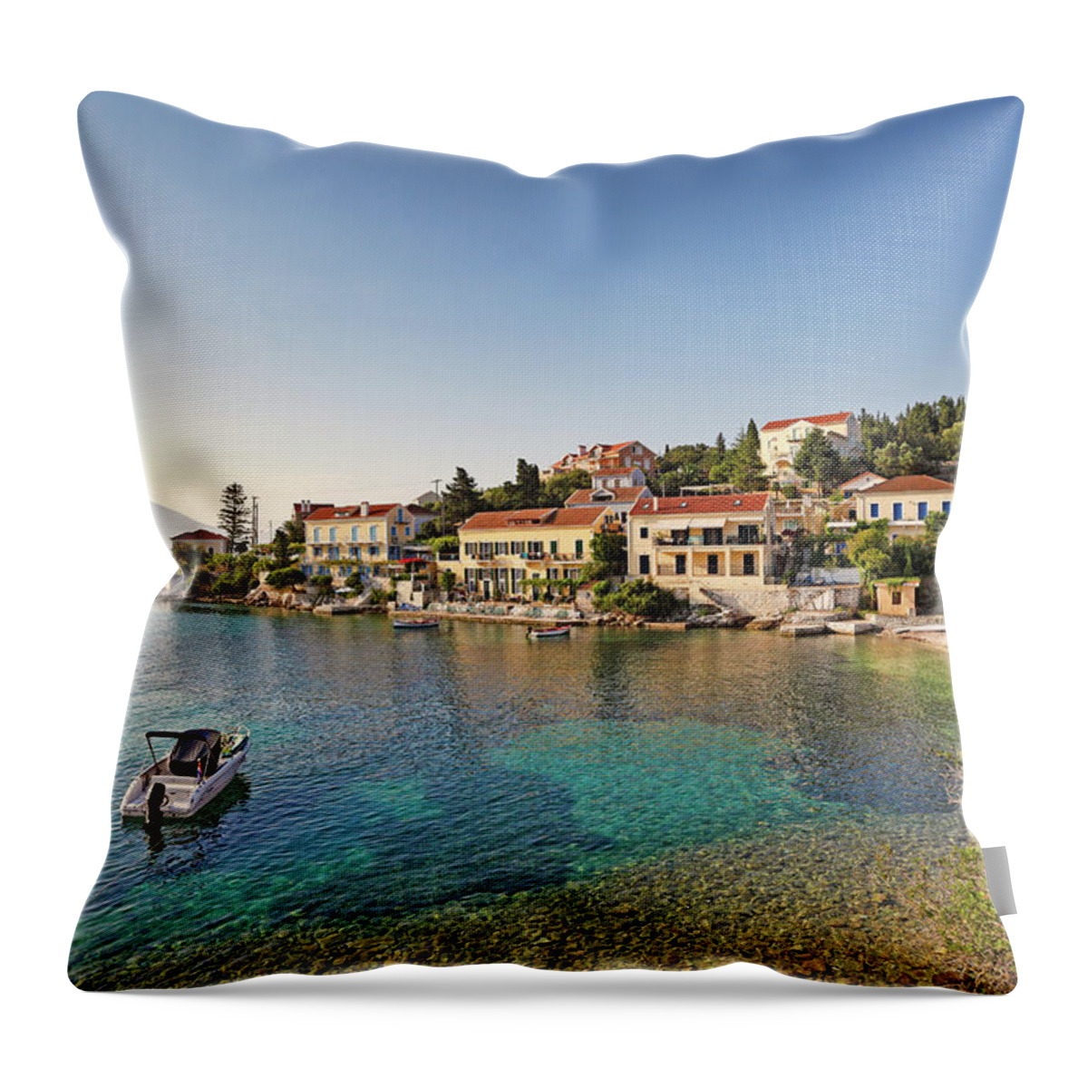 Fiscardo Throw Pillow featuring the photograph The port of Fiskardo in Kefalonia, Greece #3 by Constantinos Iliopoulos