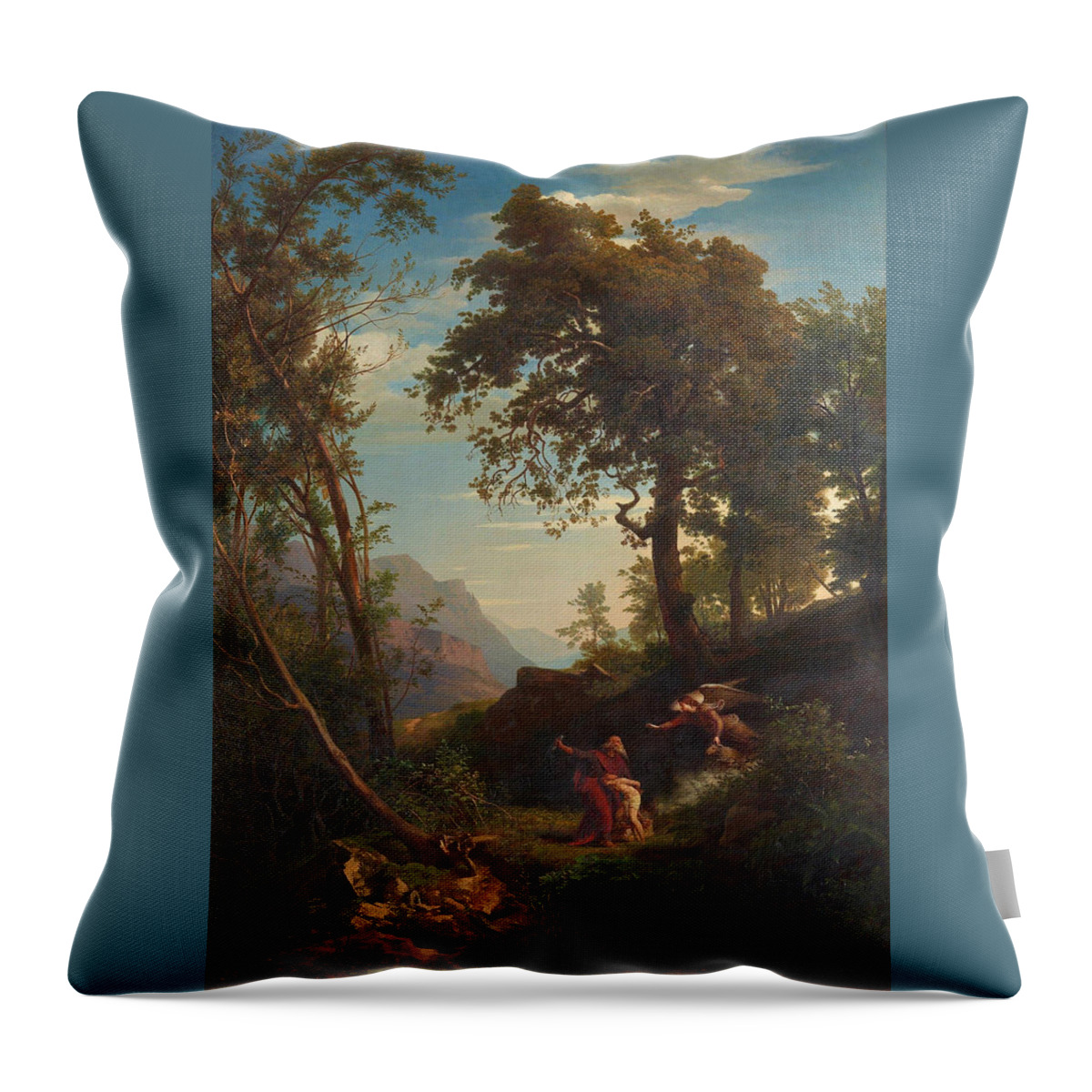 Johann Wilhelm Schirmer Wilhelm Schirmer Throw Pillow featuring the painting The sacrifice of Isaac upper side  Abraham s lament for Sarah lower side  From the cycle Twelve biblical landscapes with the story of Abraham #3 by Johann Wilhelm Schirmer Wilhelm Schirmer