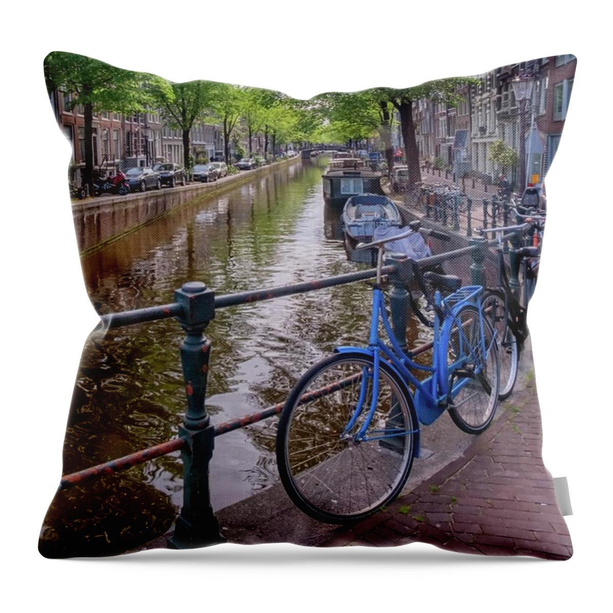 Travel Throw Pillow featuring the photograph Typical buildings, canal and bikes in Amsterdam, Netherlands #4 by Elenarts - Elena Duvernay photo