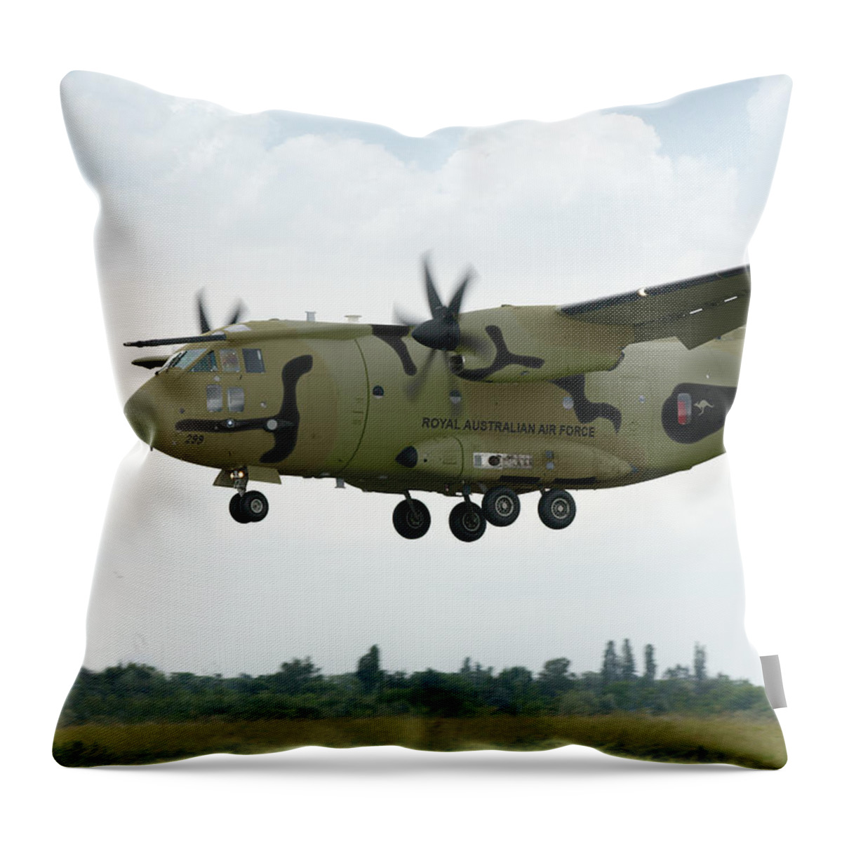 Spartan Throw Pillow featuring the digital art RAAF C-27J Spartan Wooded by Custom Aviation Art