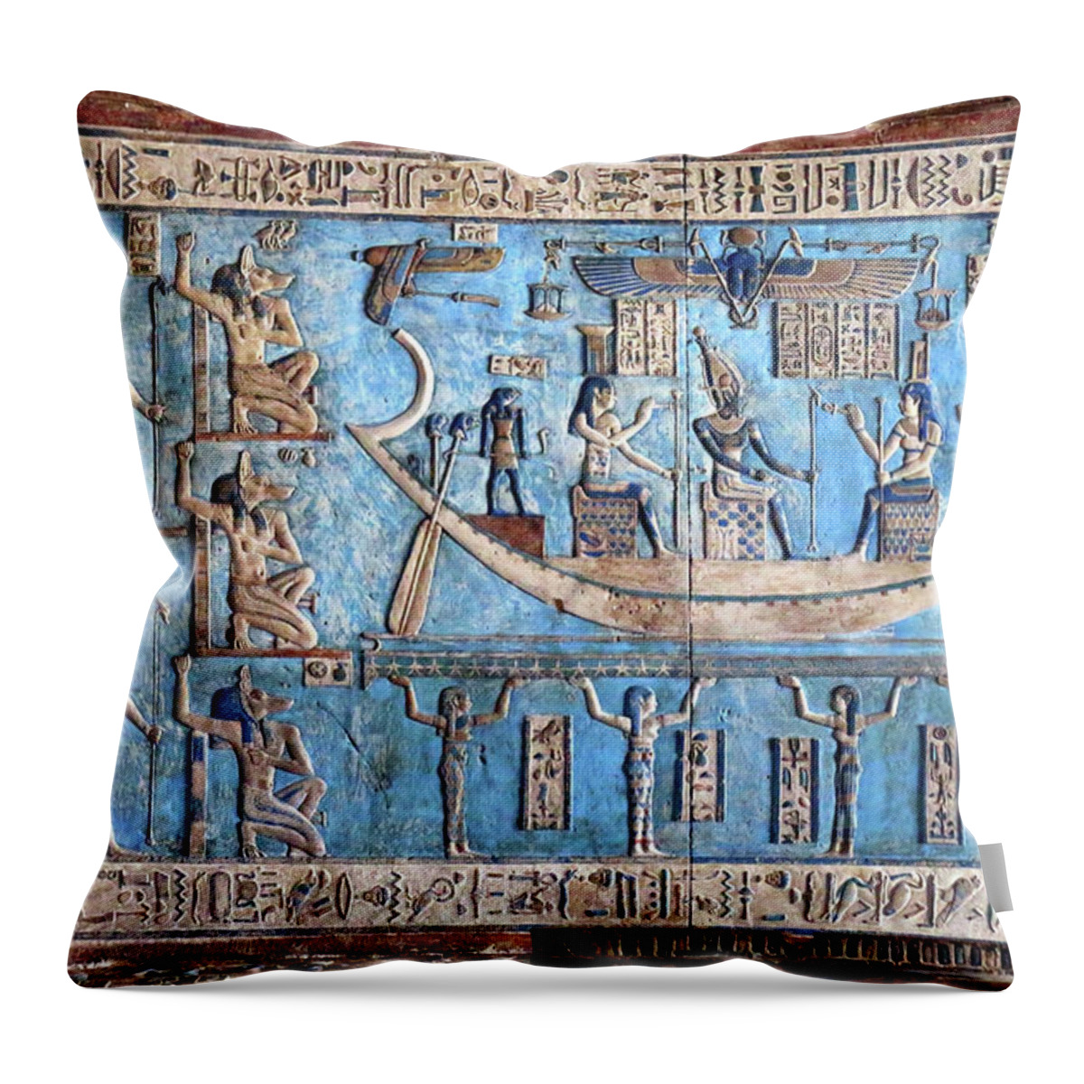 Egypt Throw Pillow featuring the photograph Hieroglyphic carvings in ancient egyptian temple #32 by Mikhail Kokhanchikov
