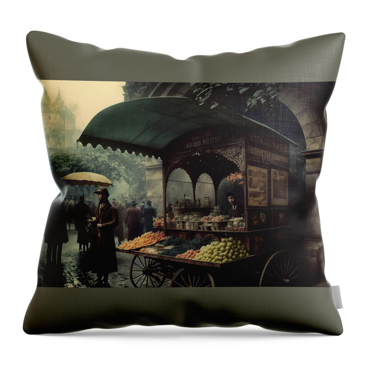 Autochrome An Outdoor Fruit Stand Art Throw Pillow featuring the painting autochrome an outdoor fruit stand a steam by Asar Studios #4 by Celestial Images