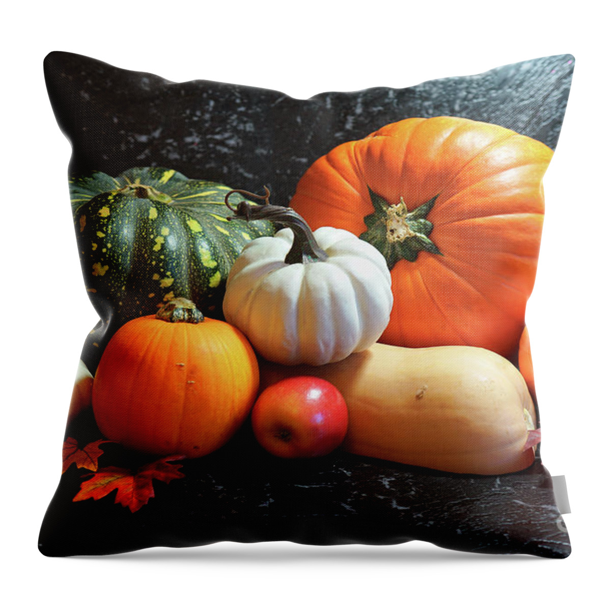 Pumpkin Throw Pillow featuring the photograph Autumn harvest, diverse assortment of pumpkins on a black marble table counter. #4 by Milleflore Images