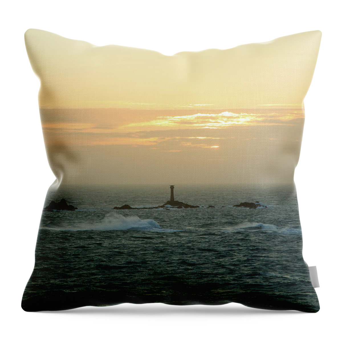 Lighthouse Throw Pillow featuring the photograph Longships Lighthouse at sunset #4 by Ian Middleton
