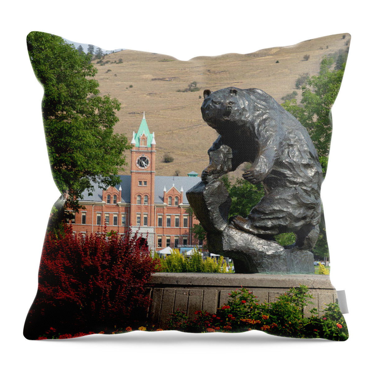 Grizzlies Throw Pillow featuring the photograph The Grizzly statue at the University of Montana - Grand Griz #4 by Eldon McGraw