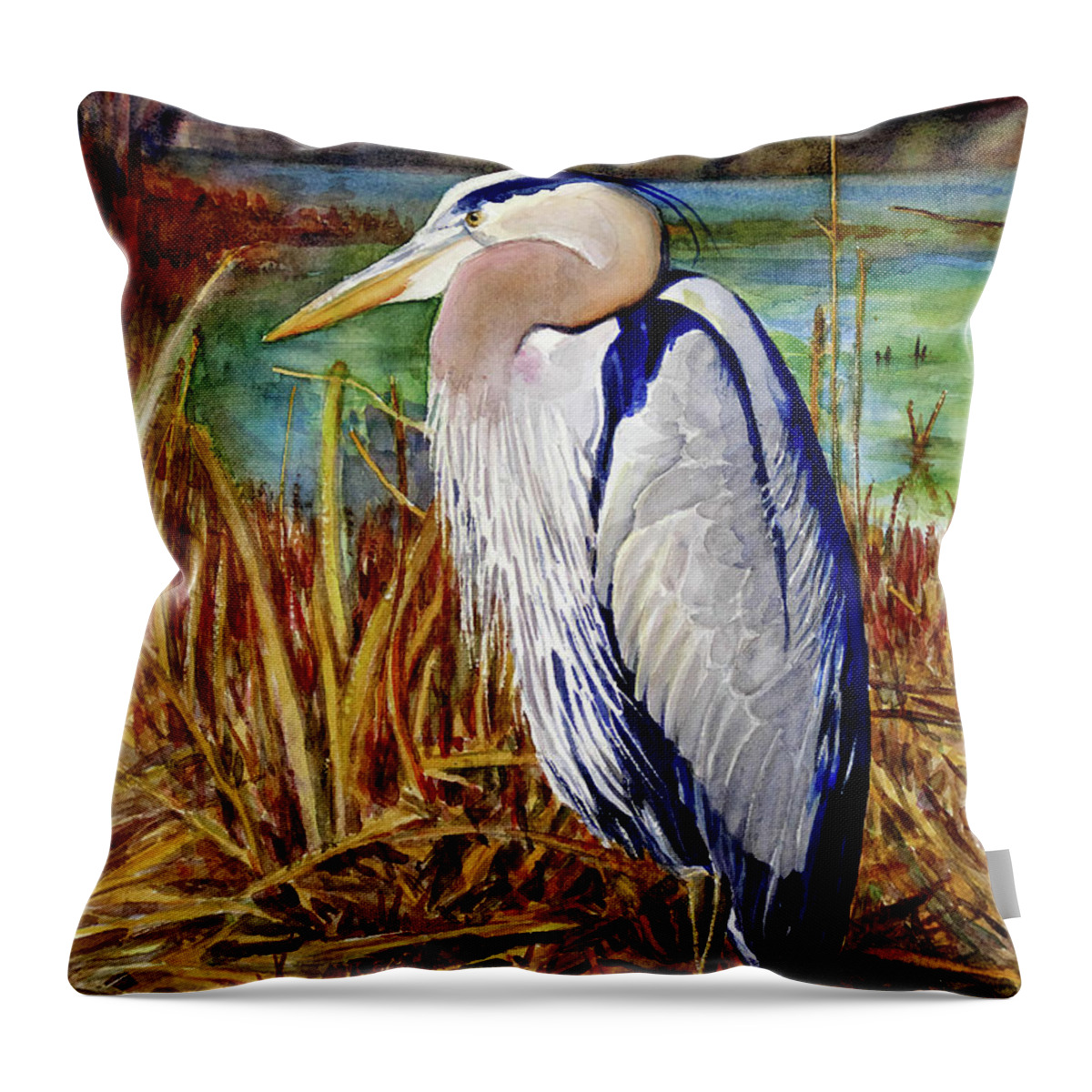Placer Arts Throw Pillow featuring the painting #421 Great Blue Heron #421 by William Lum
