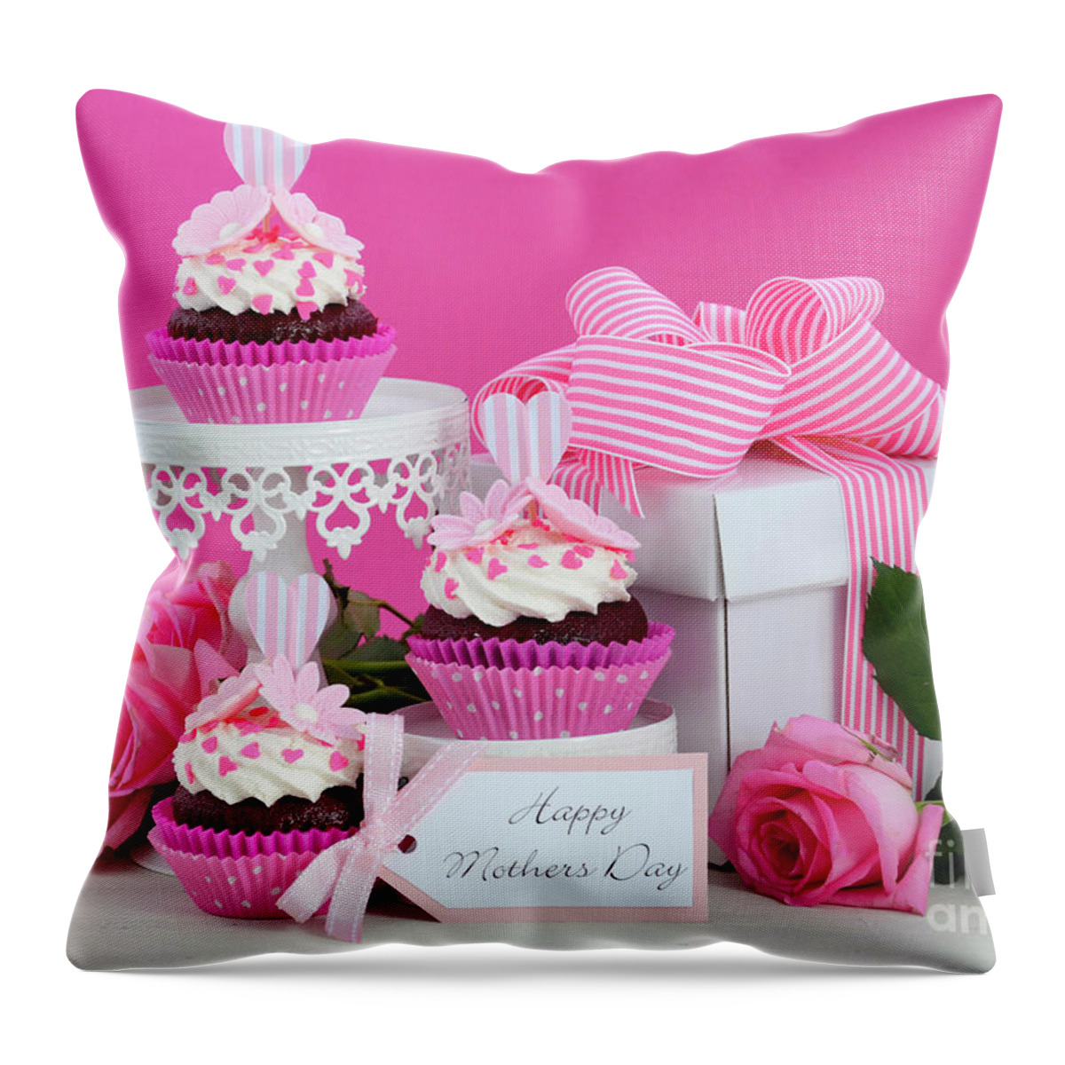 Background Throw Pillow featuring the photograph Happy Mothers Day pink and white cupcakes. #5 by Milleflore Images
