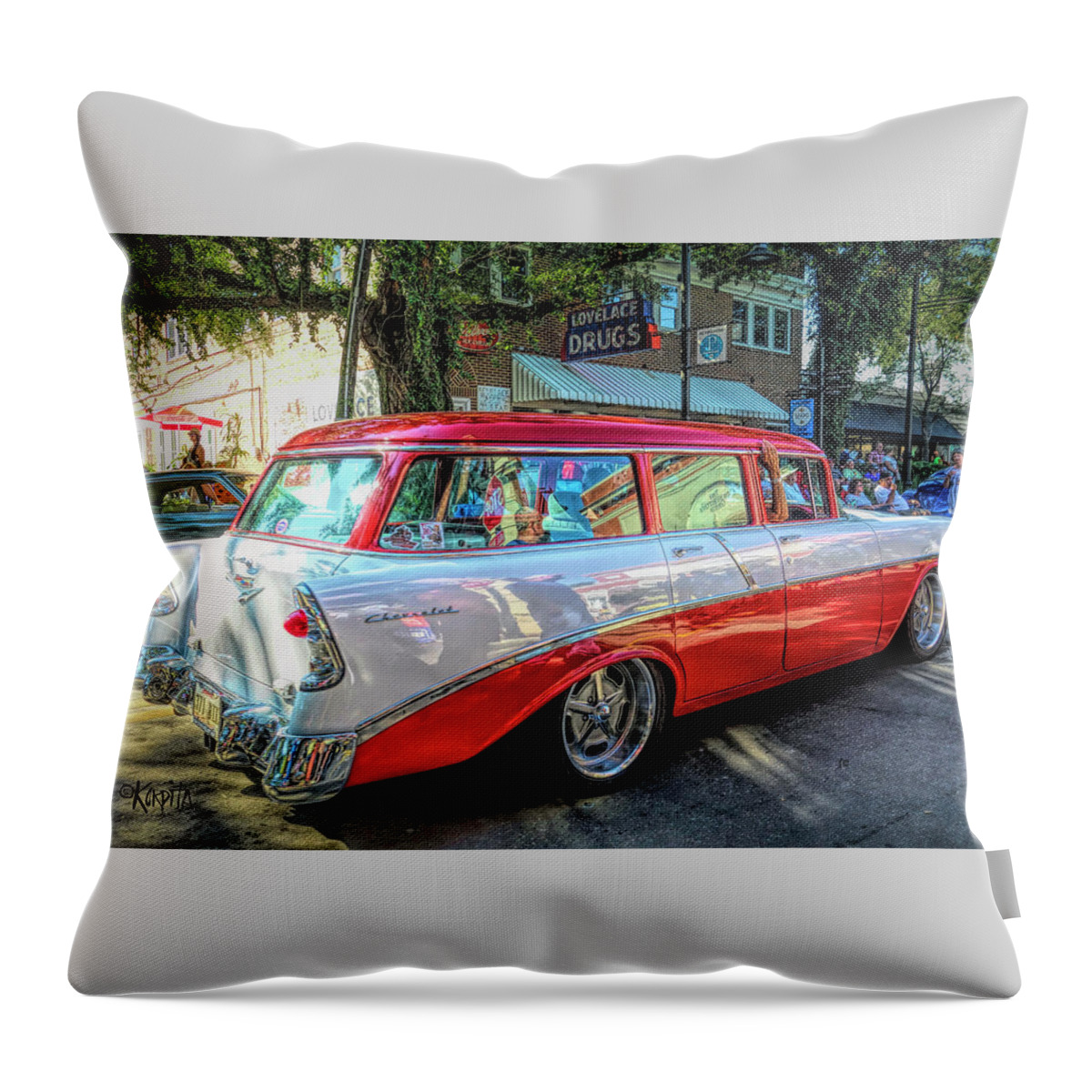 56 Chevy Station Wagon Throw Pillow featuring the digital art 56 Chevy Station Wagon - Cruising the Coast by Rebecca Korpita