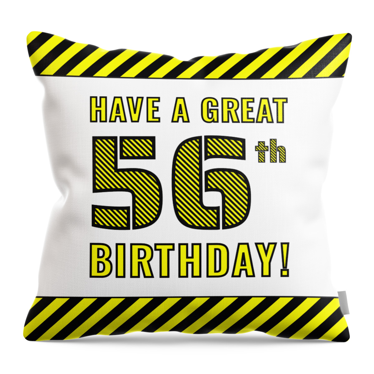 56th Birthday Throw Pillow featuring the digital art 56th Birthday - Attention-Grabbing Yellow and Black Striped Stencil-Style Birthday Number by Aponx Designs