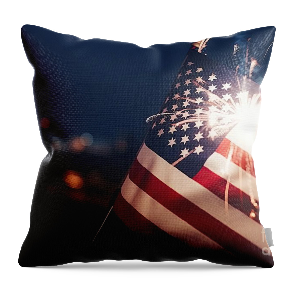 America Throw Pillow featuring the digital art American flag waving in the night with fireworks #6 by Benny Marty