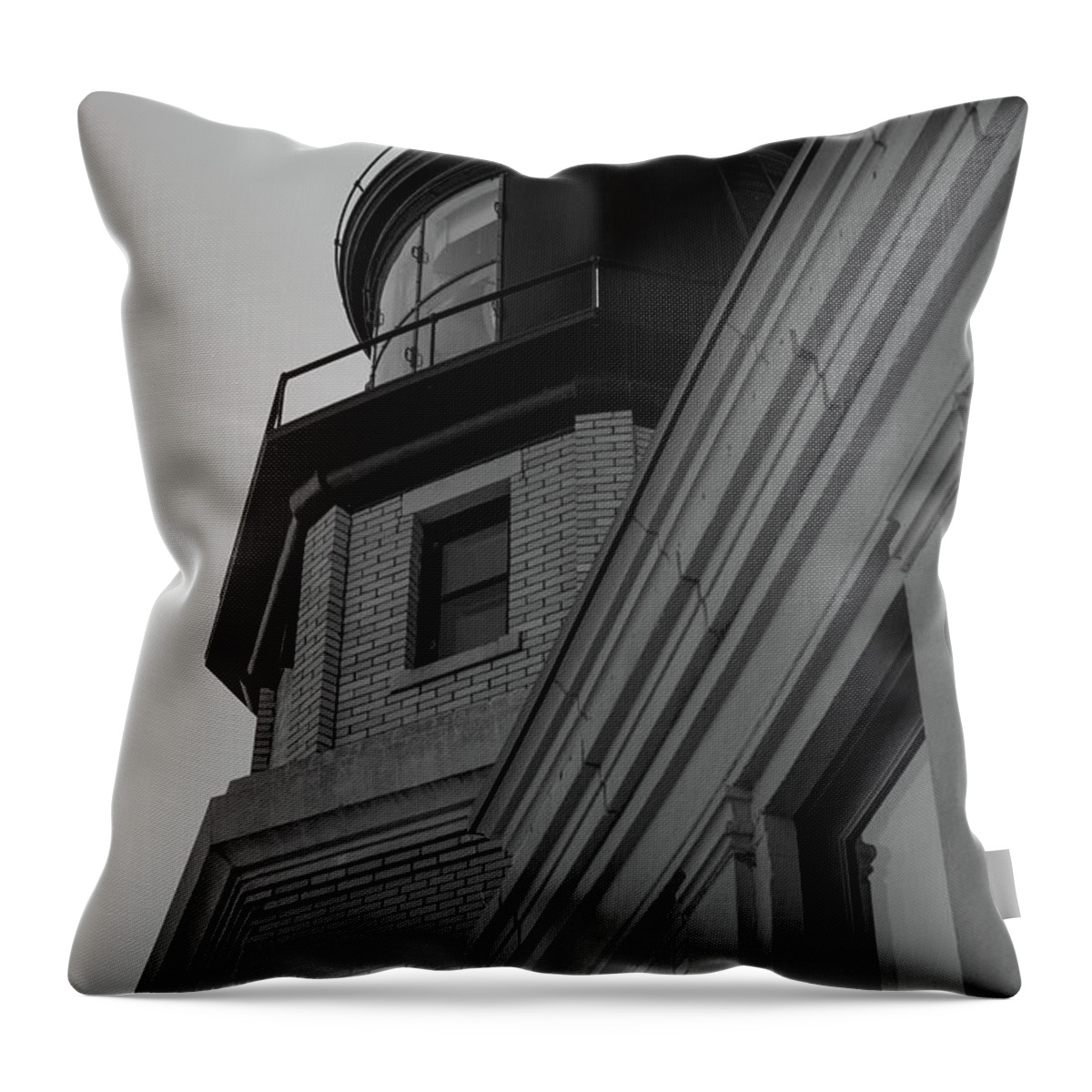 Split Rock Lighthouse Minnesota Throw Pillow featuring the photograph Split Rock Lighthouse in Minnesota located along Lake Superior in black and white #6 by Eldon McGraw