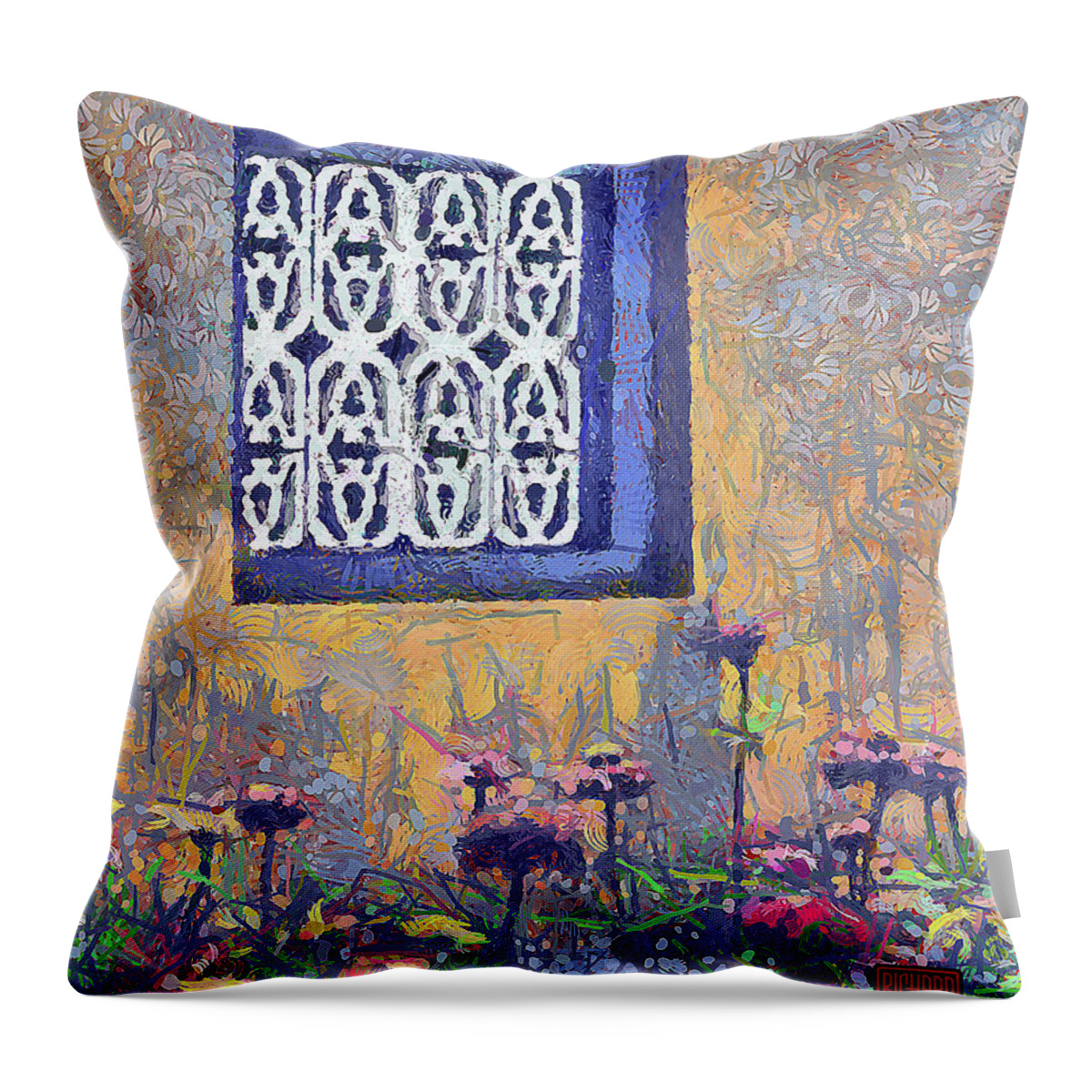 Abstract Throw Pillow featuring the mixed media 683 A Kaleidoscope Of Color Under A Little Window, The Citadel, Hue, Vietnam by Richard Neuman Architectural Gifts