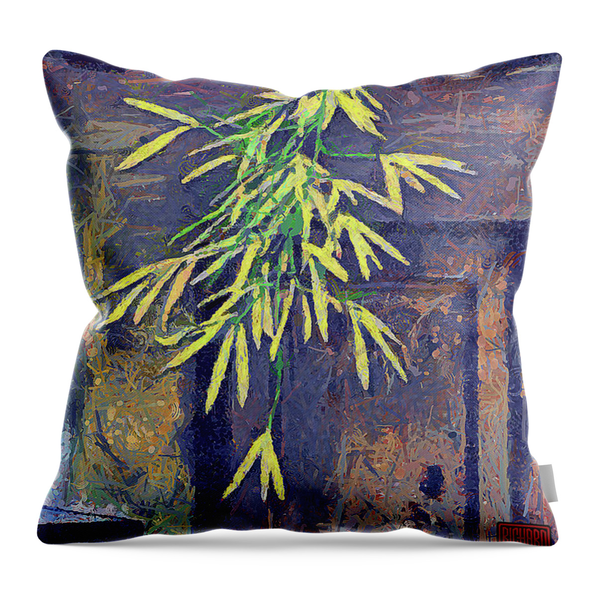 Abstract Throw Pillow featuring the mixed media 685 Sunlit Leaves And Purple Door, Hoian, Vietnam by Richard Neuman Architectural Gifts