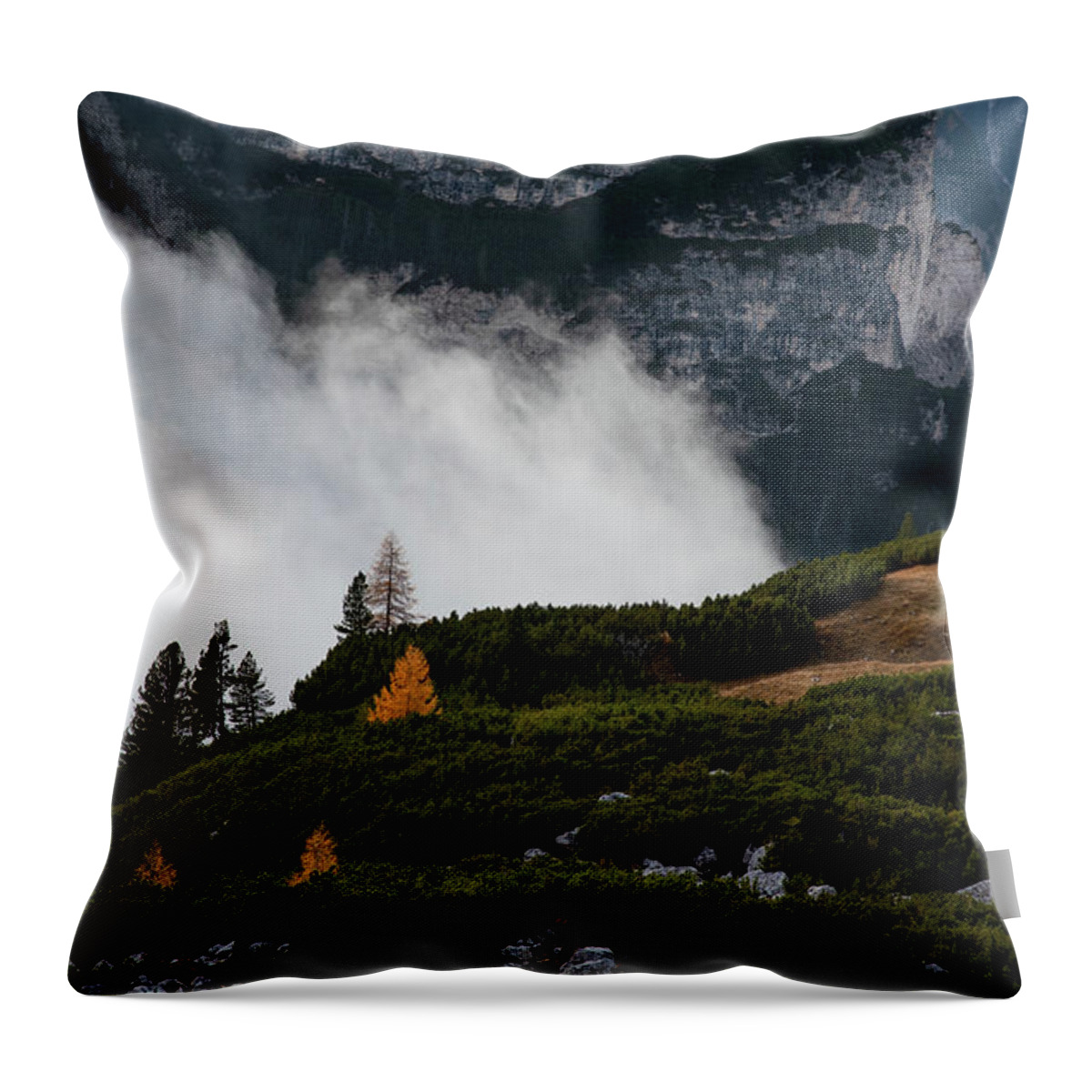 Italian Alps Throw Pillow featuring the photograph Mountain landscape with fog in autumn. Tre Cime dolomiti Italy. #8 by Michalakis Ppalis