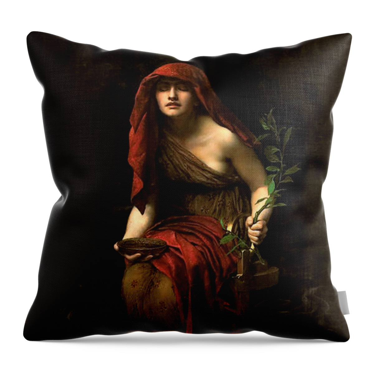 Priestess Of Delphi Throw Pillow featuring the painting Priestess of Delphi #7 by John Collier