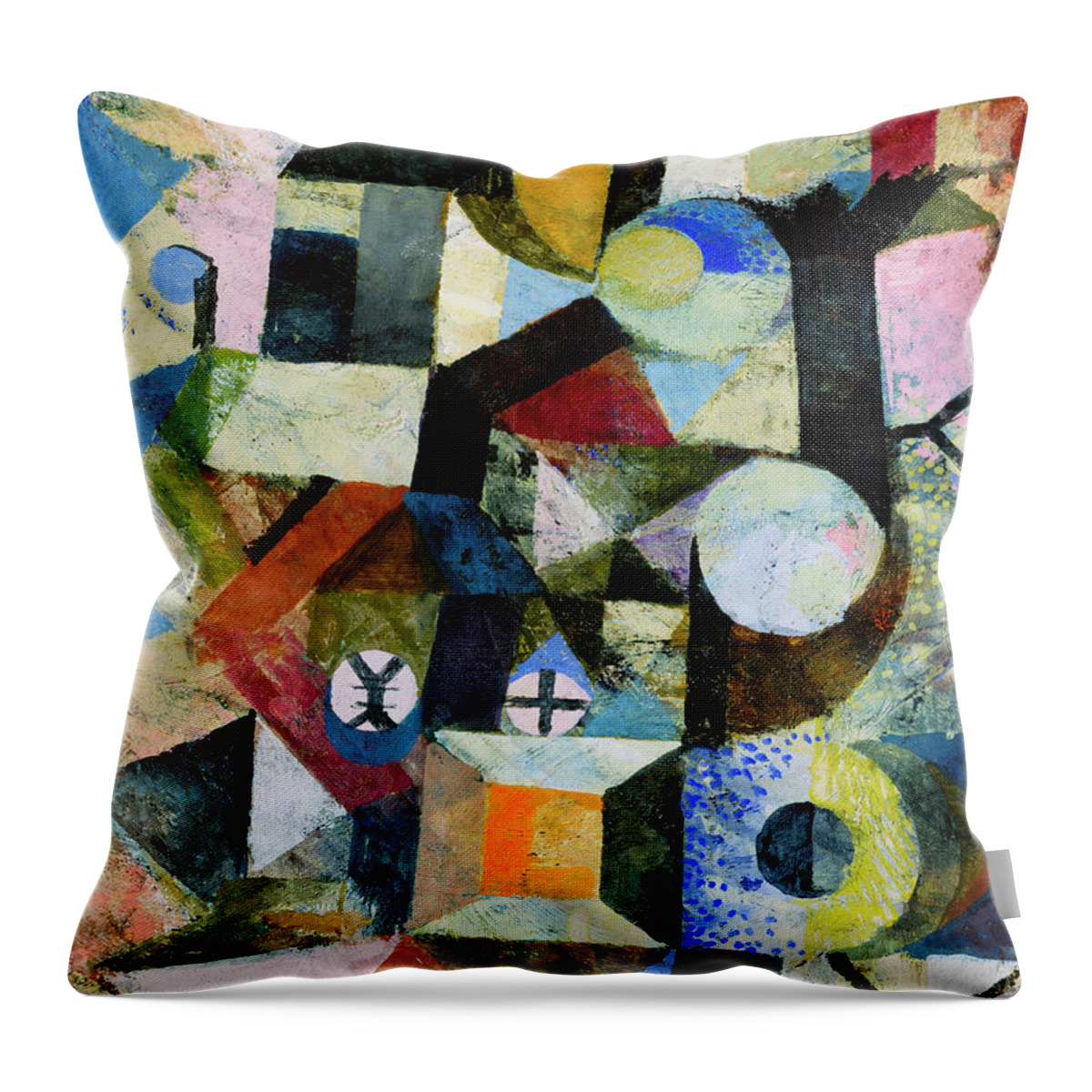 Paul Klee Throw Pillow featuring the painting Composition with the Yellow Half-Moon and the Y by Paul Klee by Mango Art