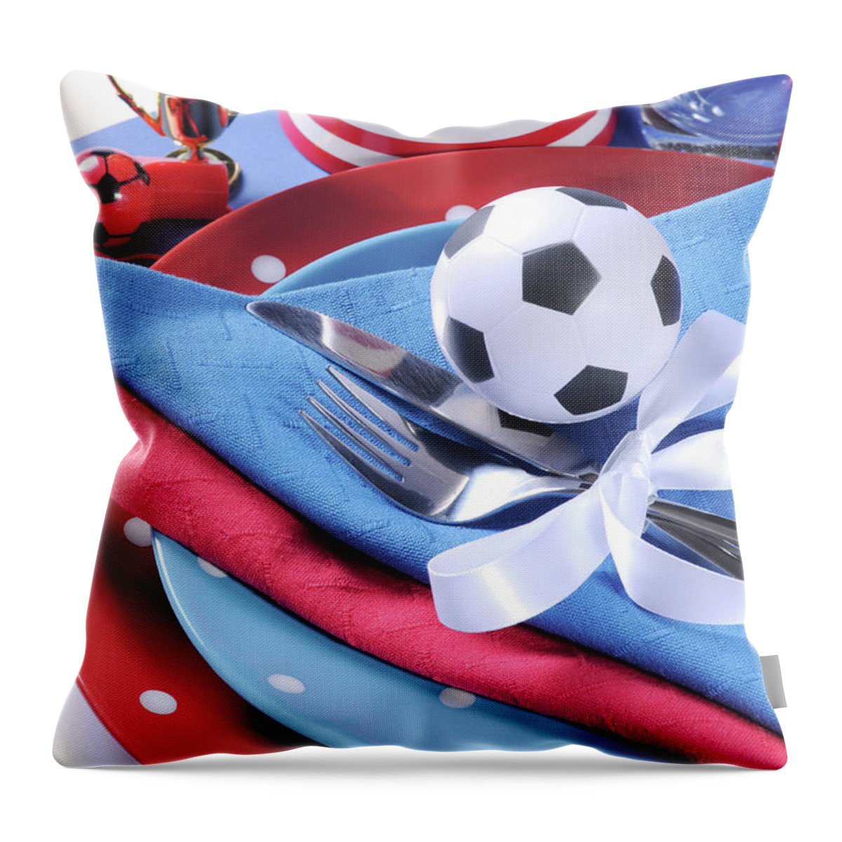 Red Throw Pillow featuring the photograph Soccer football celebration party table setting #8 by Milleflore Images
