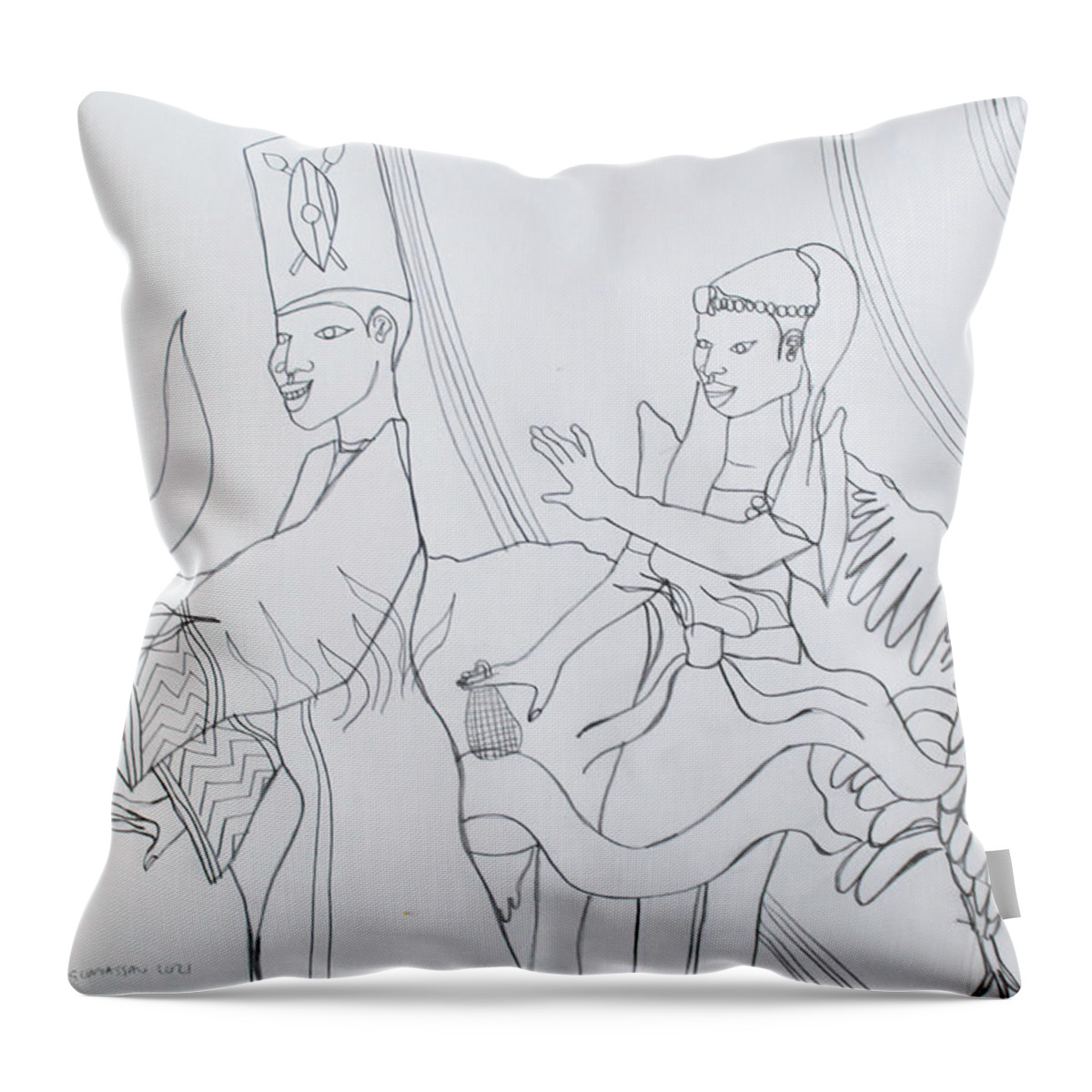 Jesus Throw Pillow featuring the drawing Kintu and Nambi Arrival at the Royal Kingdom of Buganda #82 by Gloria Ssali