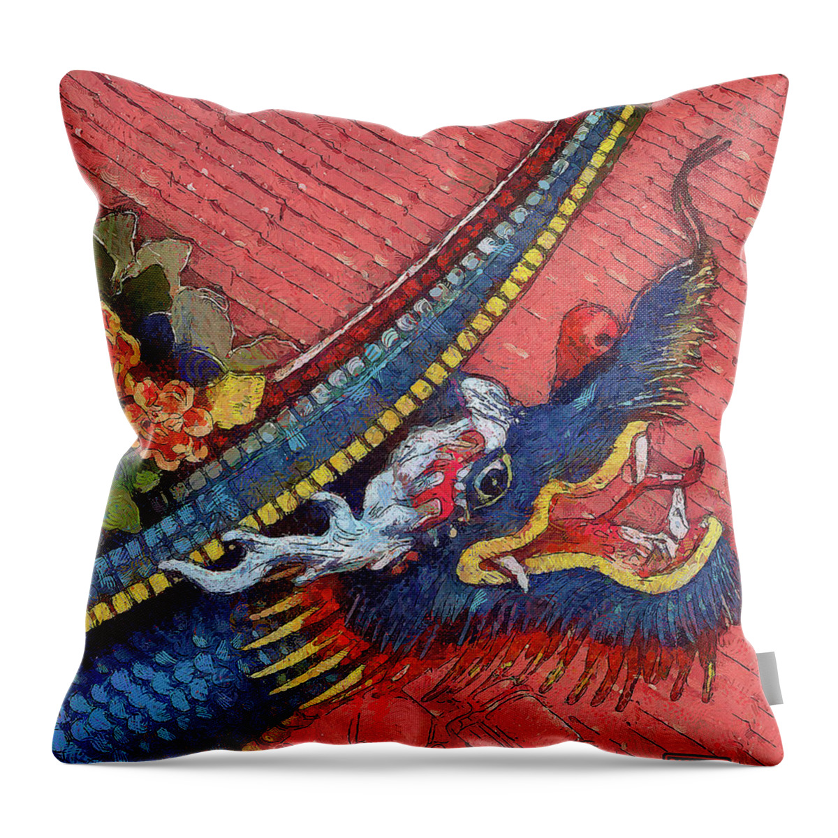 Architecture Throw Pillow featuring the mixed media 849 Blue Dragon Leh Cherng Temple, Taichung, Taiwan by Richard Neuman Architectural Gifts