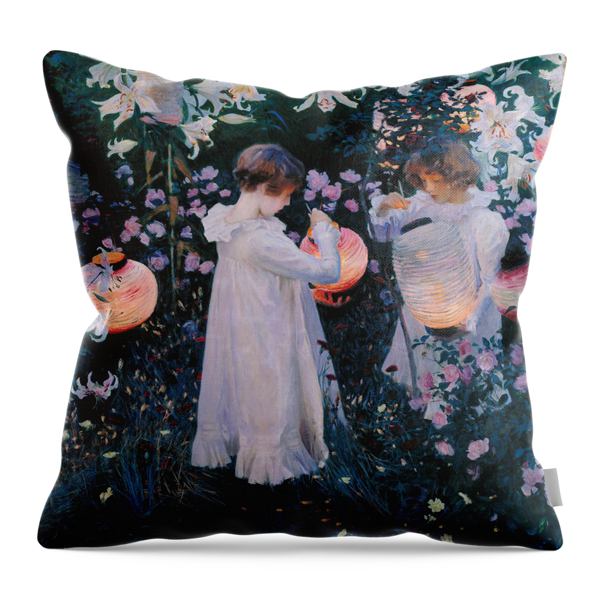 Carnation Lily Lily Rose By John Singer Sargent Throw Pillow featuring the painting Carnation, Lily, Lily, Rose #9 by John Singer Sargent