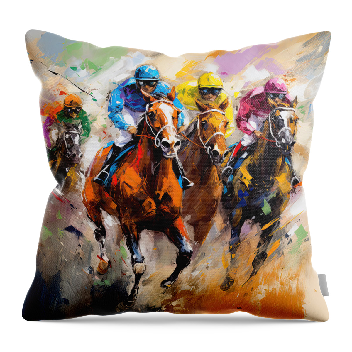 Horse Racing Throw Pillow featuring the painting A Battle of Strength by Lourry Legarde