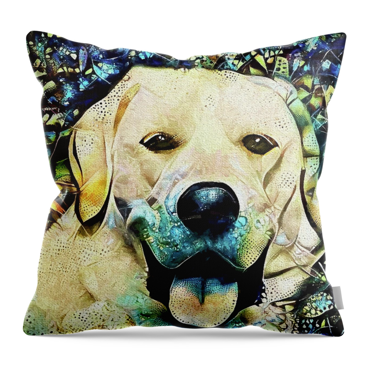 Yellow Lab Great Pyrenees Throw Pillow featuring the mixed media A Big Happy Dog by Peggy Collins