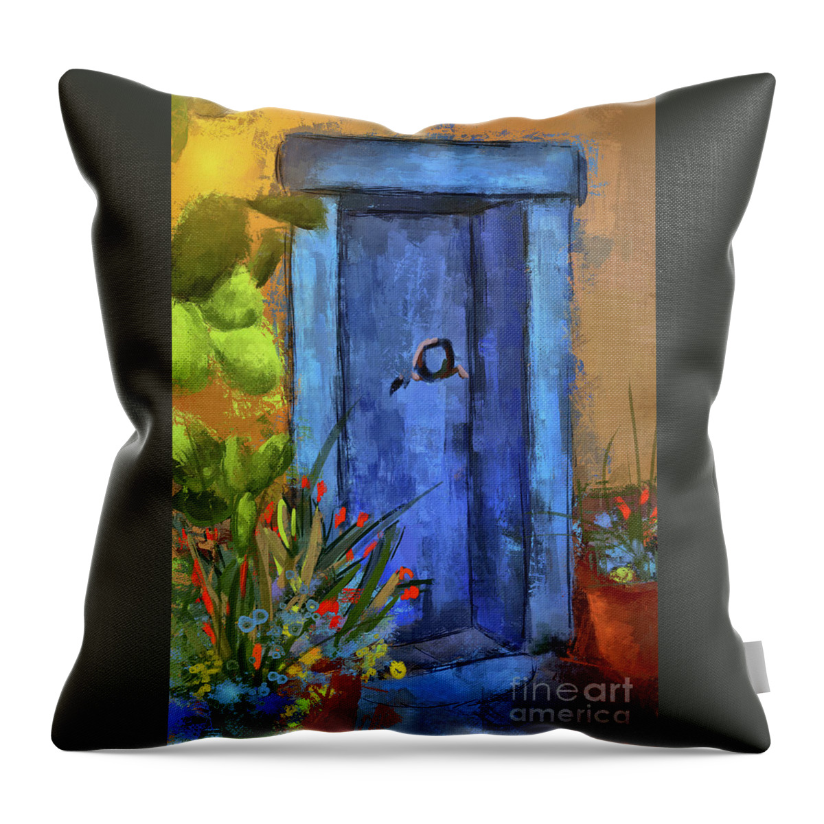 Tucson Throw Pillow featuring the digital art A Blue Door At The Barrio by Lois Bryan