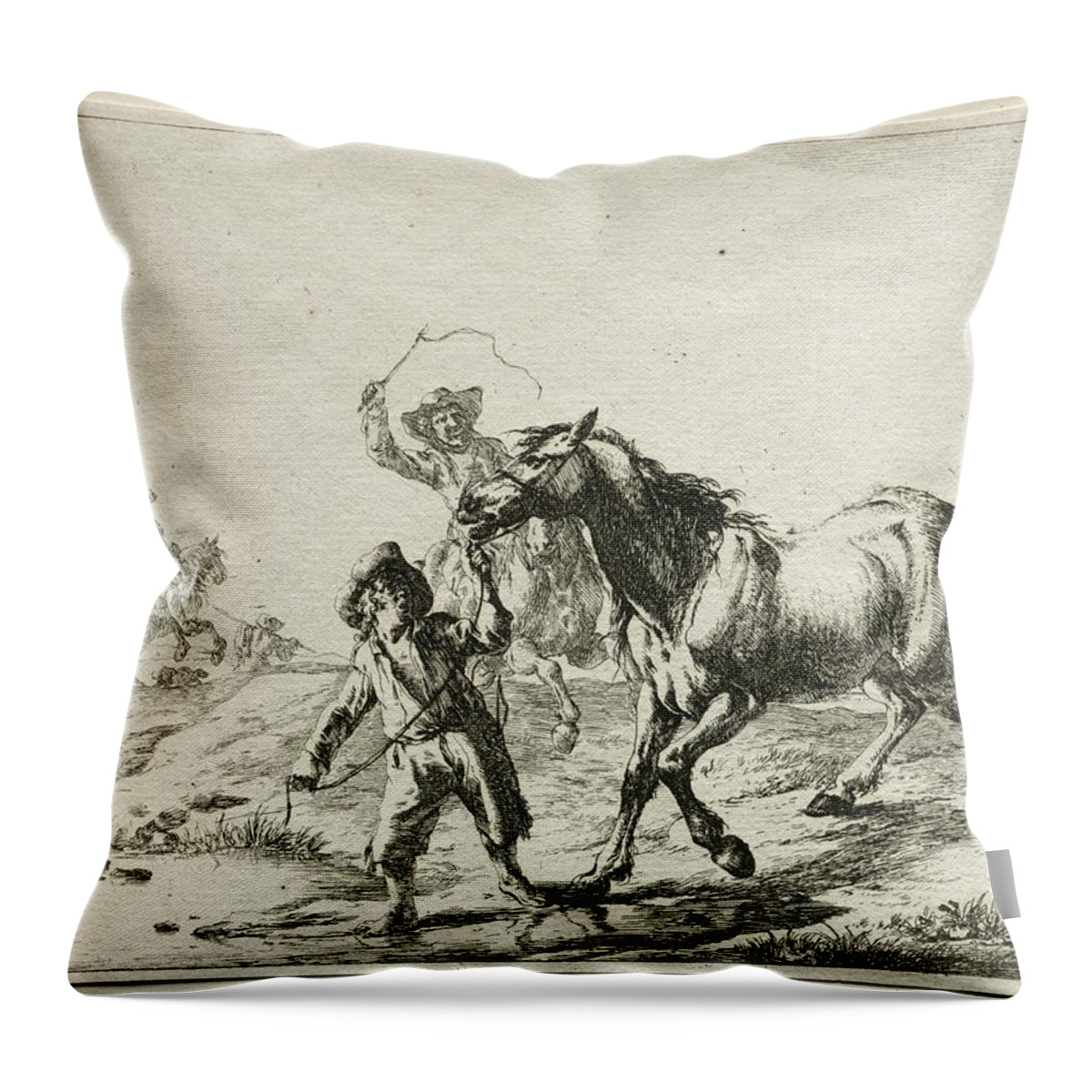 A Boy Taking A Horse To Drink Date Unknown Dirck Stoop Dutch C 1618 To 1681 Throw Pillow featuring the painting A boy taking a horse to drink Date unknown Dirck Stoop Dutch c 1618 to 1681 by MotionAge Designs