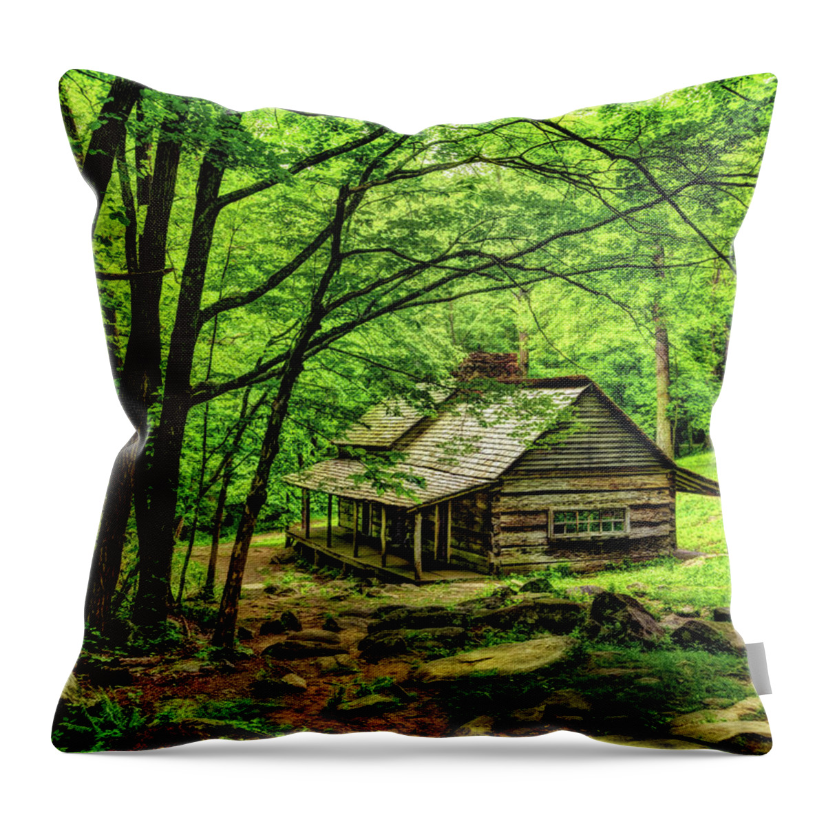 Great Smoky Mountains National Park Throw Pillow featuring the photograph A Cabin in the Woods by Kay Brewer